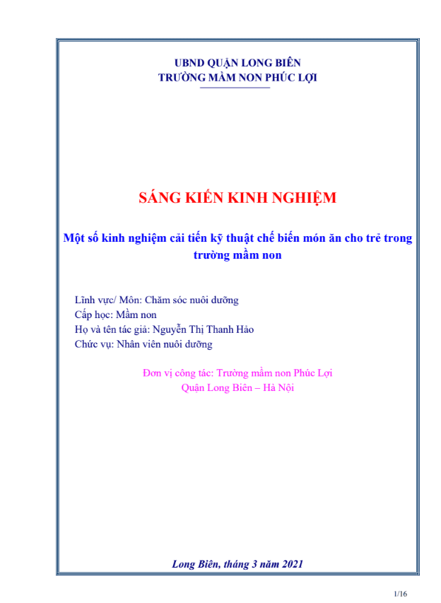 Một số kinh nghiệm cải tiến kỹ thuật chế biến món ăn cho trẻ trong trường mầm non
