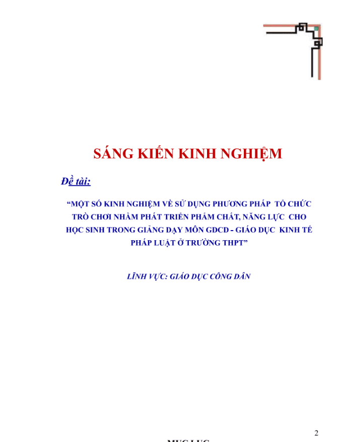 Một số kinh nghiệm về sử dụng phương pháp tổ chức trò chơi  nhằm phát triển phẩm chất, năng lực cho học sinh trong giảng dạy môn GDCD và  GD KT& PL ở trường THPT – KNTT