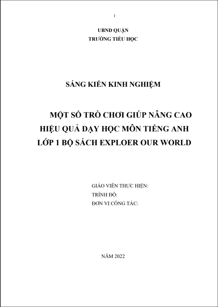 Một số trò chơi giúp nâng cao hiệu quả dạy học Tiếng Anh Lớp 1 ( Bộ sách Explore our world)