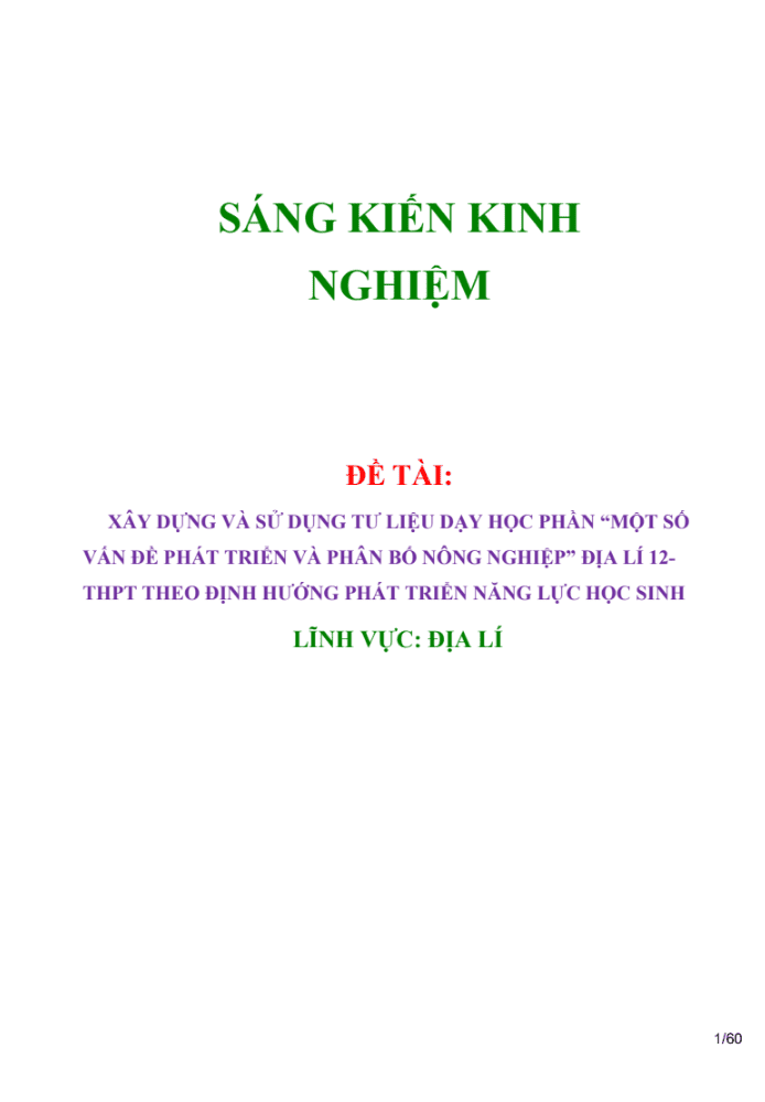 “Một số vấn đề phát triển và phân bố nông nghiệp” Địa lí 12 THPT theo định hướng phát triển năng lực học sinh