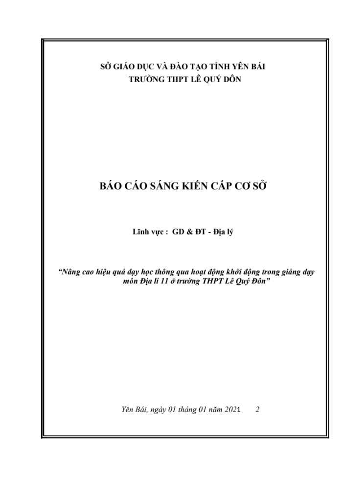 Nâng cao hiệu quả dạy học thông qua hoạt động khởi động trong giảng dạy môn Địa lí 11 ở trường THPT Lê Quý Đôn