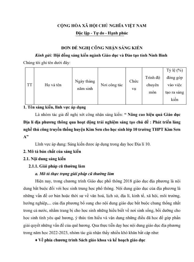 Nâng cao hiệu quả GD Địa lí địa phương thông qua HD trải nghiệm ST chủ đề PT làng nghề thủ công truyền thống huyện Kim Sơn cho HS lớp 10 THPT