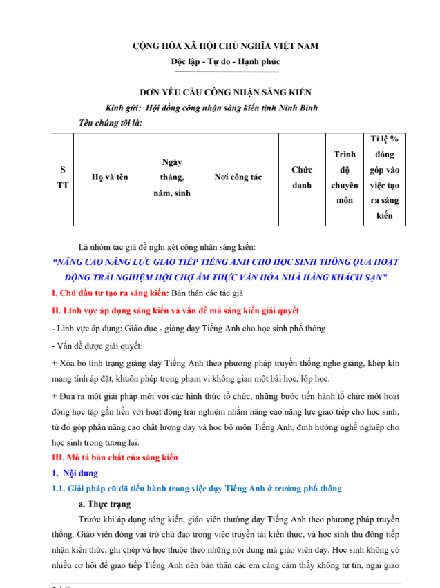 Nâng Cao Năng Lực Giao Tiếp Tiếng Anh Cho Học Sinh Thông Qua Hoạt Động Trải Nghiệm Hội Chợ Ẩm Thực Văn Hóa Nhà Hàng Khách Sạn