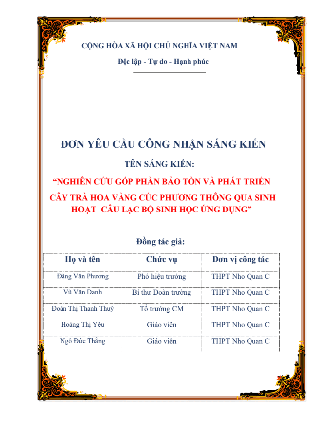 Nghiên cứu góp phần bảo tồn và phát triển cây Trà hoa vàng Cúc Phương thông qua sinh hoạt câu lạc bộ Sinh học ứng dụng