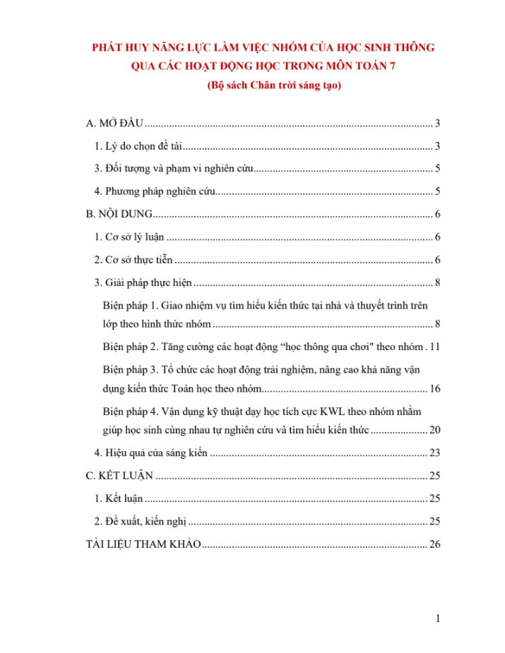 Phát huy năng lực làm việc nhóm của học sinh thông qua các hoạt động học trong môn Toán 7 (Đủ 3 bộ sách)