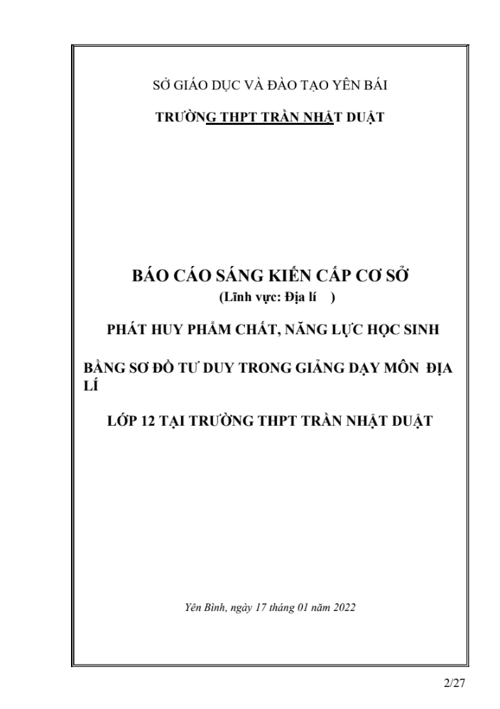 Phát huy phẩm chất, năng lực học sinh bằng sơ đồ tư duy trong giảng dạy môn Địa lí lớp 12 tại trường THPT Trần Nhật Duật