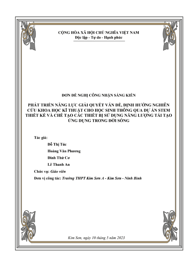 Phát triển năng lực giải quyết vấn đề, định hướng NC KHKT cho HS thông qua dự án STEM thiết kế và chế tạo các TB sử dụng năng lượng tái tạo ƯD trong đời sống