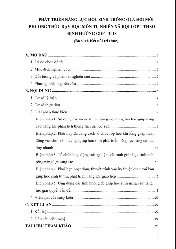 Phát triển năng lực học sinh thông qua đổi mới phương thức dạy học môn TNXH lớp 1 theo định hướng GDPT 2018 (đủ 3 bộ sách)