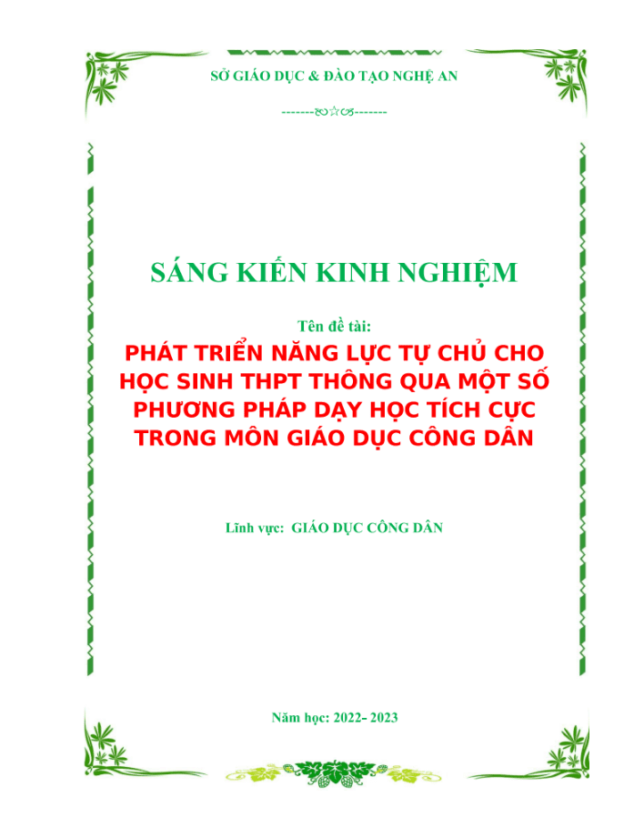 Phát triển năng lực tự chủ cho học sinh THPT thông qua một số phương pháp dạy học tích cực trong môn Giáo dục công dân