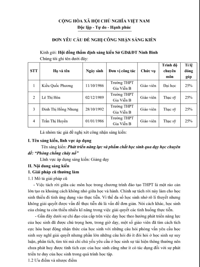 Phát triển năng lực và phẩm chất học sinh qua dạy học chuyên đề “Phòng, chống cháy nổ” GDPT 2018
