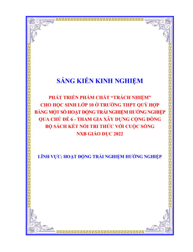 Phát triển phẩm chất “Trách nhiệm” cho học sinh lớp 10 bằng một số hoạt động trải nghiệm hướng nghiệp qua chủ đề 6 – Tham gia xây dựng cộng đồng” – Bộ sách Kết nối tri thức với cuộc sống, NXB Giáo dục, 2022