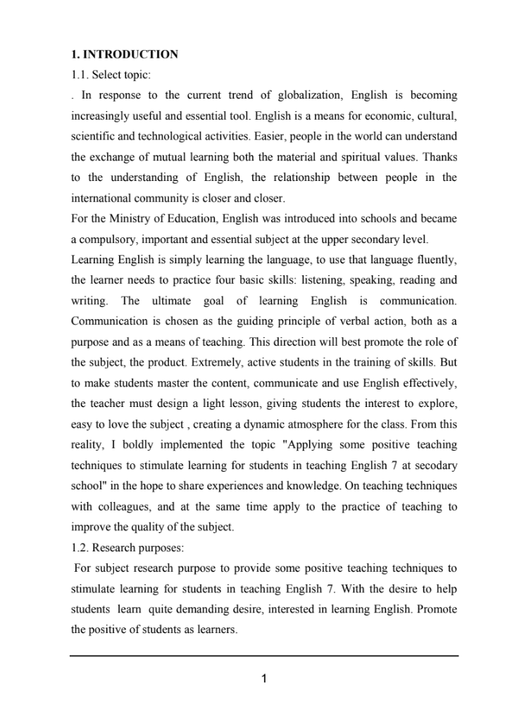 SKKN Applying some positive teaching techniques to stimulate learning for students in teaching English 7 at secodary school