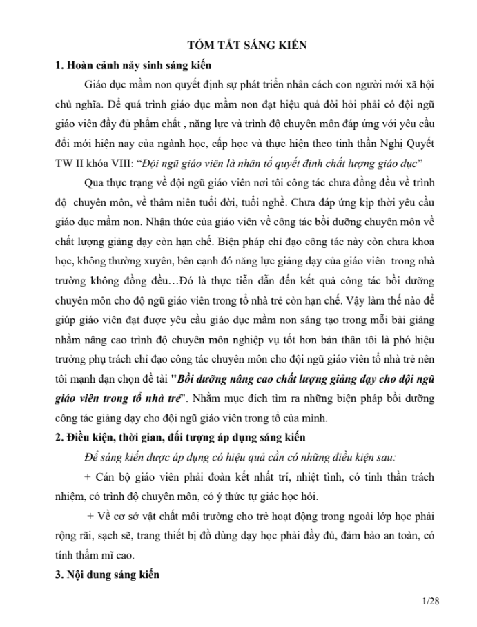 SKKN Bồi dưỡng nâng cao chất lượng giảng dạy cho đội ngũ giáo viên trong tổ nhà trẻ