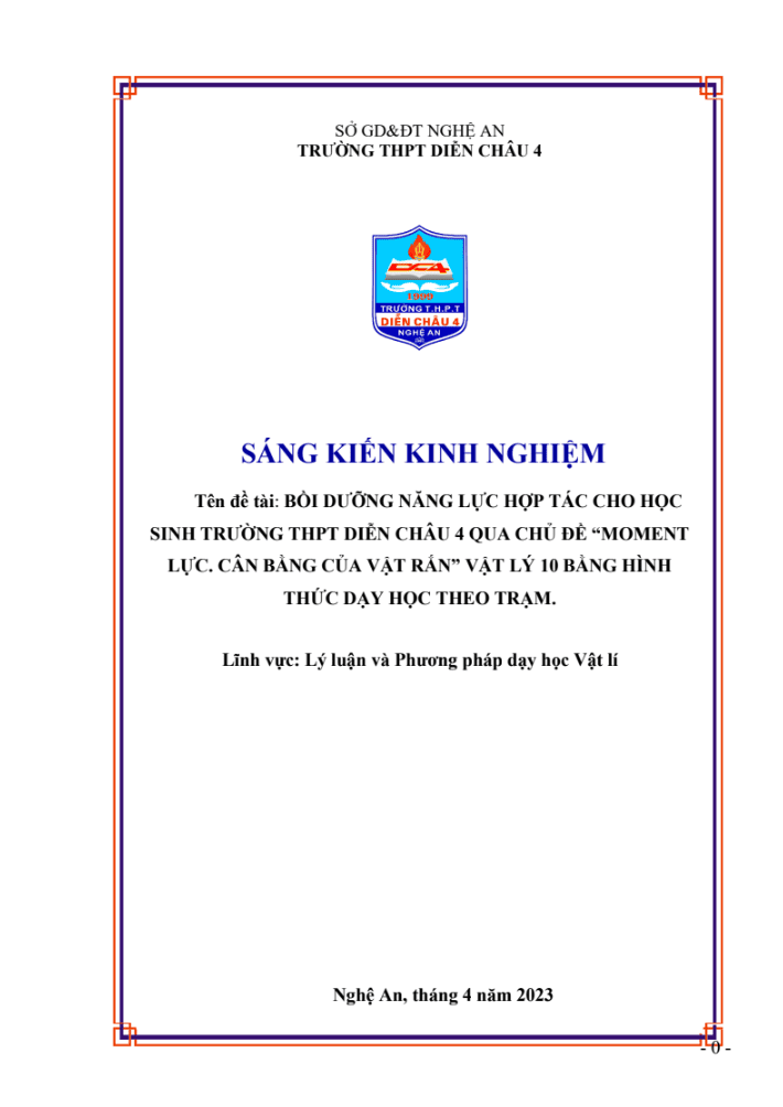 SKKN Bồi dưỡng năng lực hợp tác cho học sinh trường THPT Diễn Châu 4 qua chủ đề “Moment lực. Cân bằng của vật rắn” Vật lý 10 bằng hình thức dạy học theo trạm