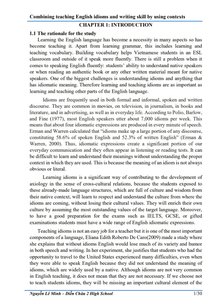 SKKN Combining teaching English idioms and writing skill by using contexts