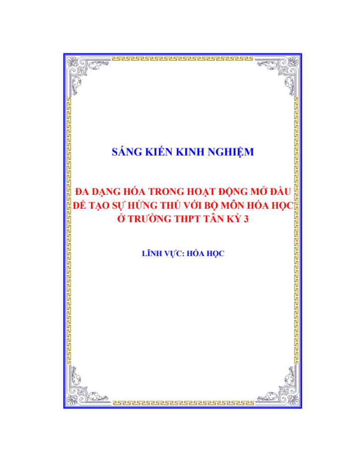 SKKN Đa dạng hóa trong hoạt động mở đầu để tạo sự hứng thú với bộ môn Hóa học ở trường THPT Tân Kỳ 3’