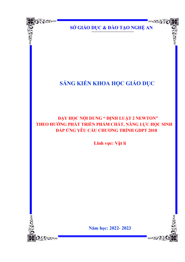 SKKN Dạy học nội dung “ Định luật 2 Newton” theo hướng phát triển phẩm chất, năng lực học sinh đáp ứng yêu cầu chương trình GDPT 2018”