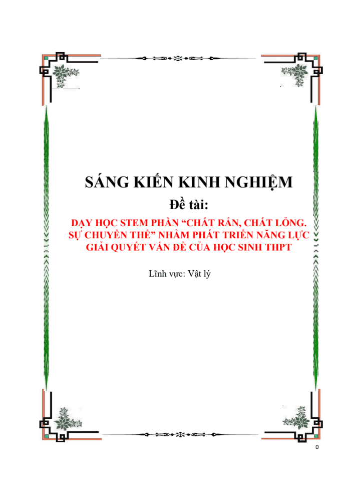 SKKN Dạy học STEM phần Chất rắn, chất lỏng. Sự chuyển thể nhằm phát triển năng lực giải quyết vấn đề của học sinh THPT