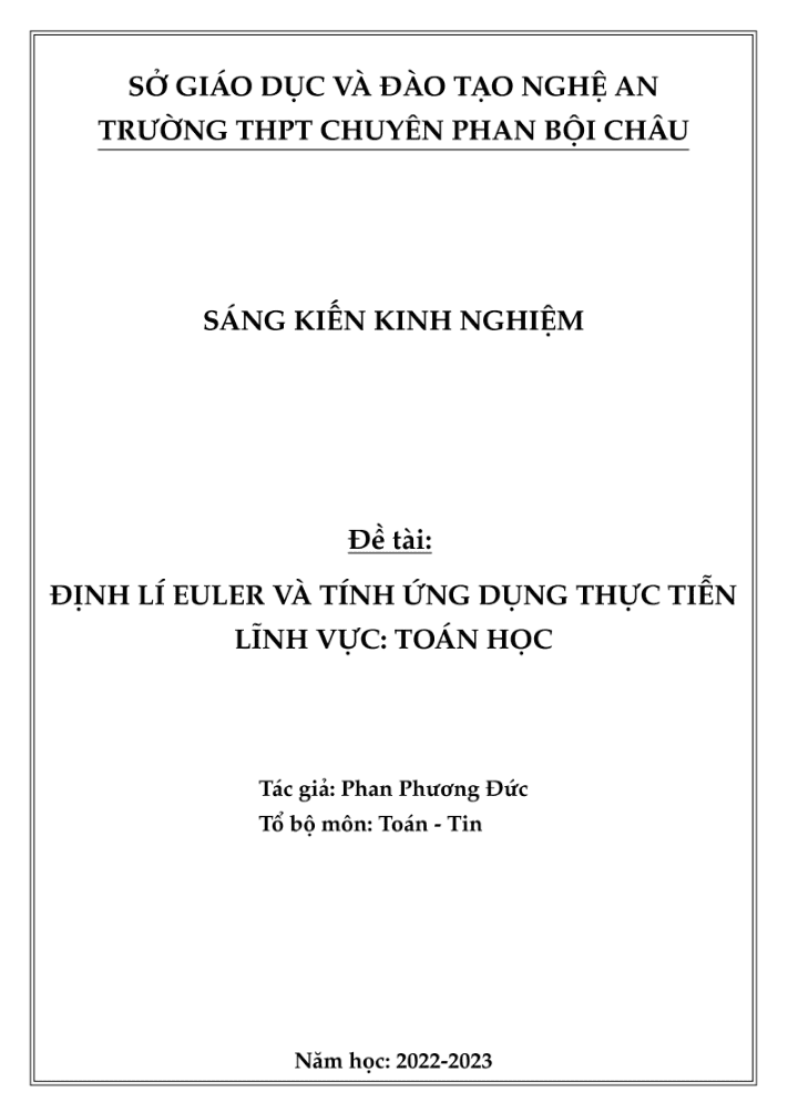 SKKN Định lí EULER và tính ứng dụng thực tiễn