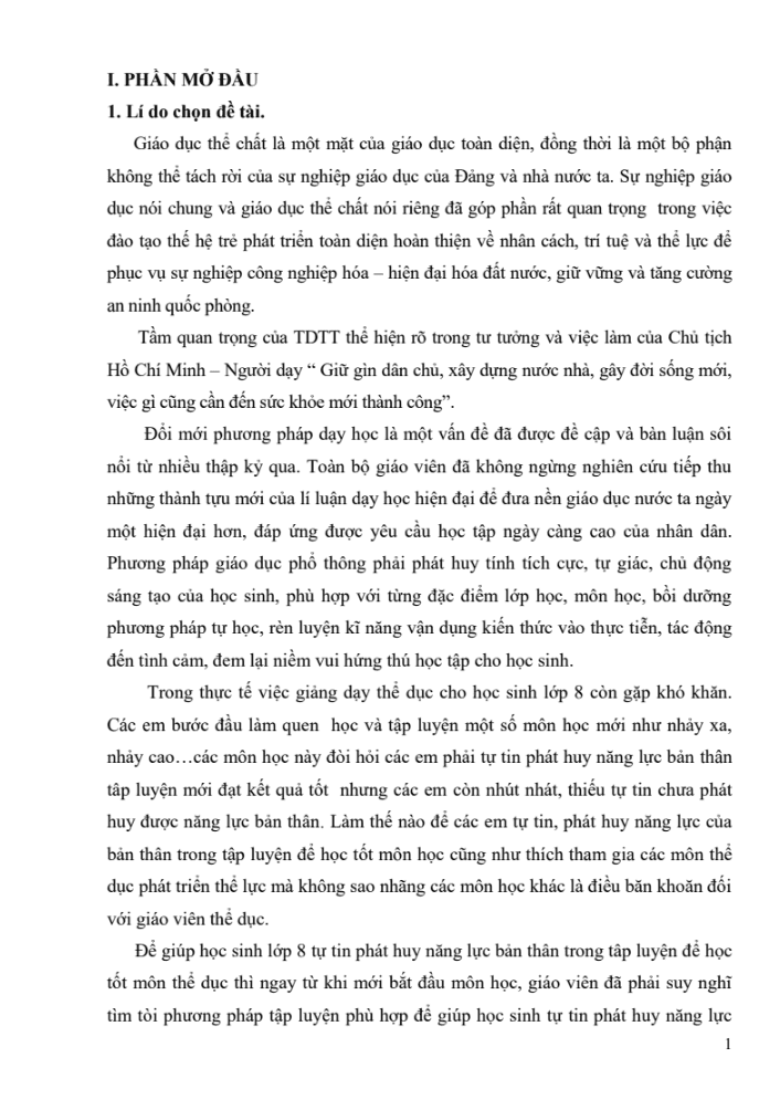 SKKN Đổi mới phương pháp tập luyện giúp học sinh Lớp 8 phát huy năng lực học tốt môn Thể dục
