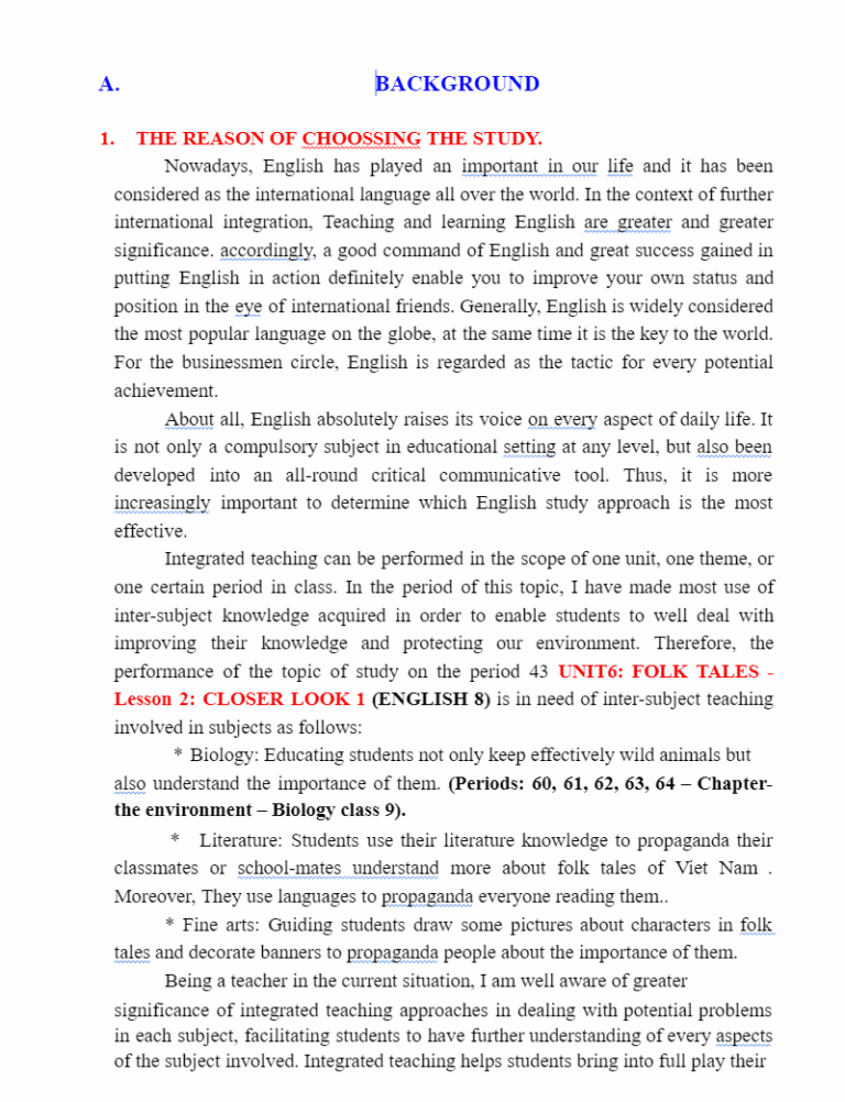 SKKN Educating students keep reading the folk tales of Viet Nam through intergrated teaching period 43 unit 6: a closer look 1 – English 8
