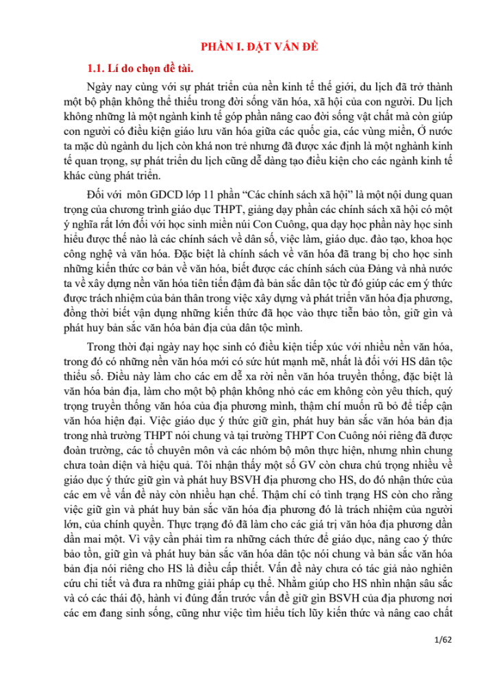 SKKN Em làm hướngdẫn viên du lịch – Hoạt động trải nghiệm nhằm giáo dục ý thức bảo tồn, giữ gìn và phát huy bản sắc văn hóa địa phương gắn với dạy học môn GDCD tại trường THPT Con Cuông