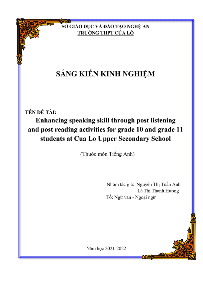SKKN Enhancing speaking skill through post listening and post reading activities for grade 10 and grade 11 students at Cua Lo Upper Secondary School