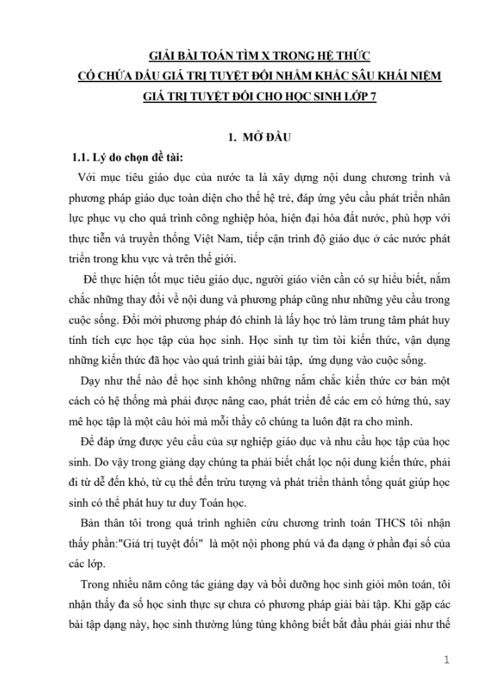 SKKN Giải bài toán tìm x trong hệ thức có chứa dấu giá trị tuyệt đối nhằm khắc sâu khái niệm giá trị tuyệt đối cho học sinh lớp 7