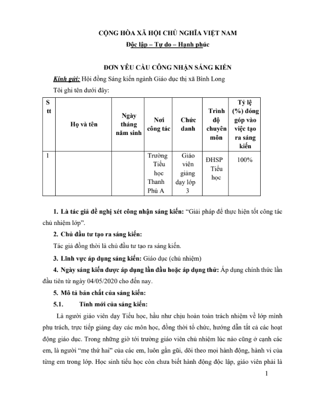 SKKN Giải pháp để thực hiện tốt công tác chủ nhiệm lớp