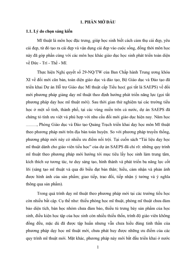 SKKN Giải pháp nâng cao chất lượng dạy học môn Mĩ thuật ở tiểu học theo định hướng phát triển năng lực