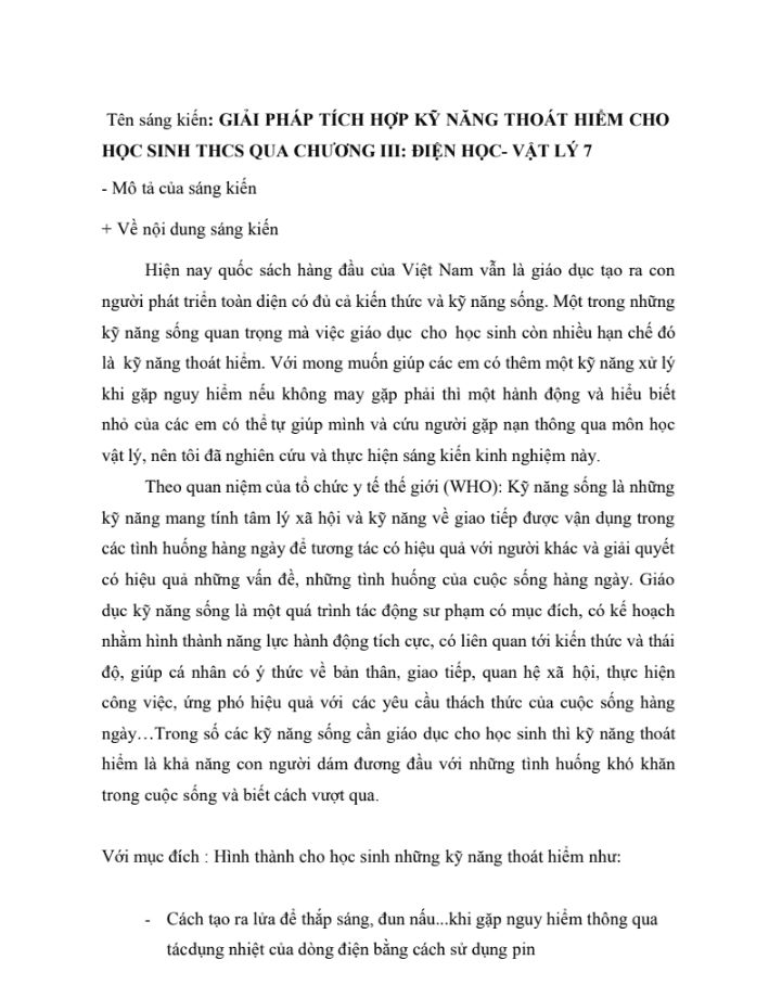 SKKN Giải pháp tích hợp kỹ năng thoát hiểm cho học sinh THCS qua Chương III: Điện học Vật lý 7