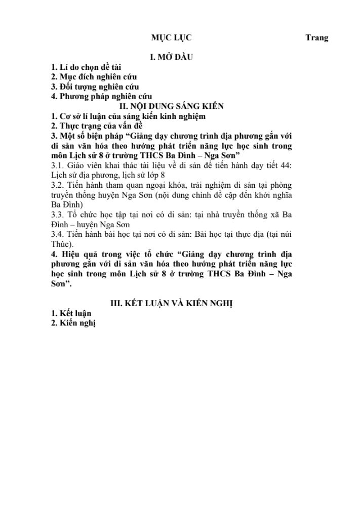 SKKN Giảng dạy chương trình địa phương gắn với di sản văn hóa theo hướng phát triển năng lực học sinh trong môn Lịch sử 8