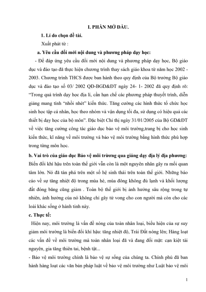 SKKN Giáo dục bảo vệ môi trường qua giảng dạy địa lý địa phương môn Địa lí 9