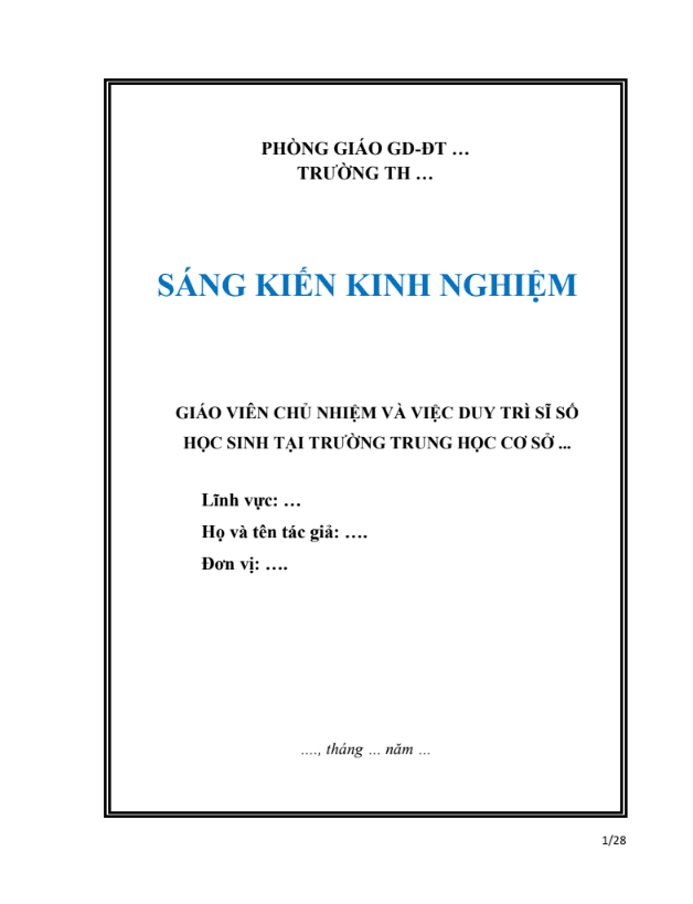 SKKN Giáo viên chủ nhiệm và việc duy trì sĩ số học sinh tại trường Trung học cơ sở
