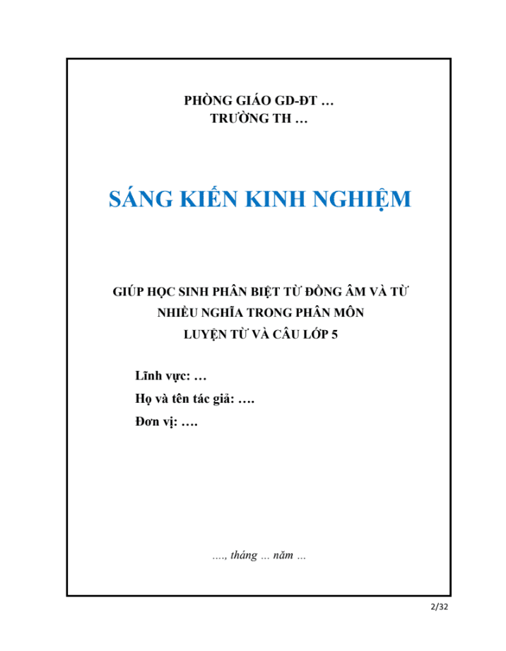SKKN Giúp học sinh phân biệt từ đồng âm và từ nhiều nghĩa trong phân môn Luyện từ  và câu lớp 5