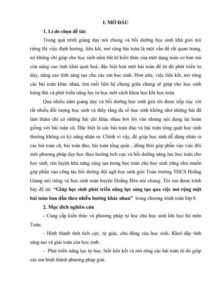 SKKN Giúp học sinh phát triển năng lực sáng tạo qua việc mở rộng một bài toán ban đầu theo nhiều hướng khác nhau