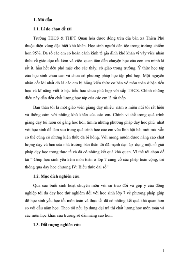 SKKN Giúp học sinh yếu kém môn toán ở lớp 7 củng cố các phép toán cộng, trừ thông qua dạy học chương IV: Biểu thức đại số