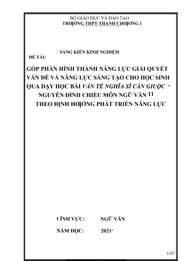 SKKN Góp phần hình thành năng lực giải quyết vấn đề và năng lực sáng tạo cho học sinh qua dạy học bài Văn tế nghĩa sĩ Cần Giuộc- Nguyễn Đình Chiểu môn Ngữ văn 11 theo định hướng phát triển năng lực
