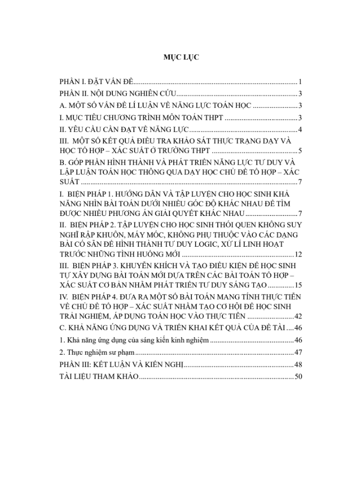 SKKN Góp phần hình thành và phát triển năng lực tư duy và lập luận toán học cho học sinh thông qua dạy học chủ đề Tổ hợp – Xác suất