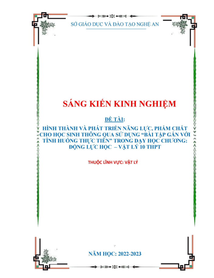 SKKN Hình thành và phát triển năng lực, phẩm chất cho học sinh thông qua sử dụng “bài tập gắn với tình huống thực tiễn” trong dạy học chương: “Động lực học” – Vật Lí 10 THPT