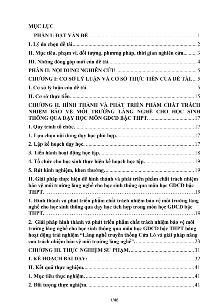 SKKN Hình thành và phát triển phẩm chất trách nhiệm trong hoạt động bảo vệ môi trường làng nghề cho học sinh thông qua dạy học môn GDCD bậc THPT