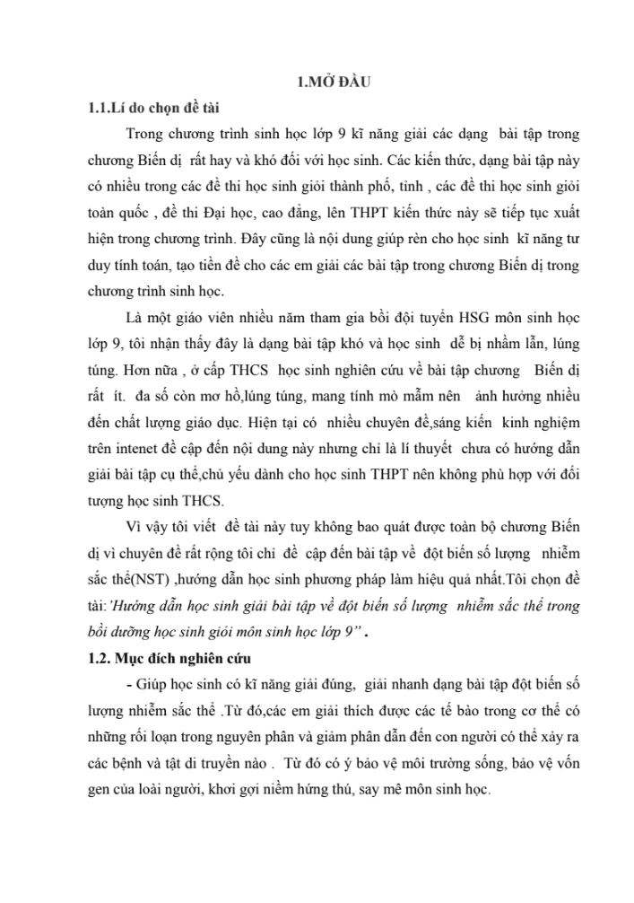 SKKN Hướng dẫn học sinh giải bài tập về đột biến số lượng nhiễm sắc thể trong bồi dưỡng học sinh giỏi môn Sinh học lớp 9