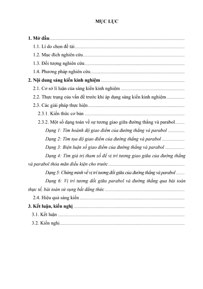 SKKN Hướng dẫn học sinh lớp 9 giải một số dạng toán về sự tương giao giữa đường thẳng và parabol