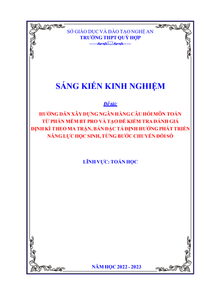 SKKN Hướng dẫn xây dựng ngân hàng câu hỏi môn toán từ phần mềm bt pro và tạo đề kiểm tra đánh giá định kì theo ma trận, bản đặc tả định hướng phát triển năng lực học sinh, từng bước chuyển đổi số