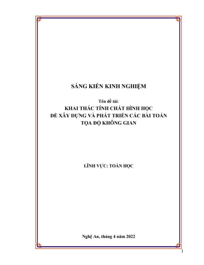 SKKN Khai thác tính chất hình học để xây dựng và phát triển các bài toán tọa độ không gian
