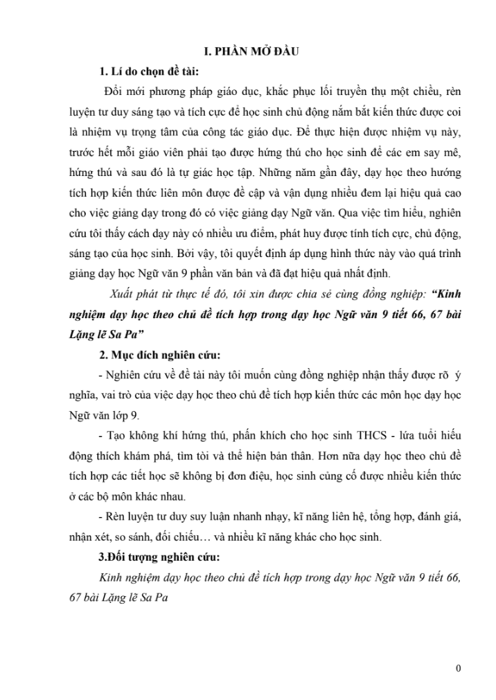 SKKN Kinh nghiệm dạy học theo chủ đề tích hợp trong dạy học Ngữ văn 9 tiết 66, 67 bài Lặng lẽ Sa Pa