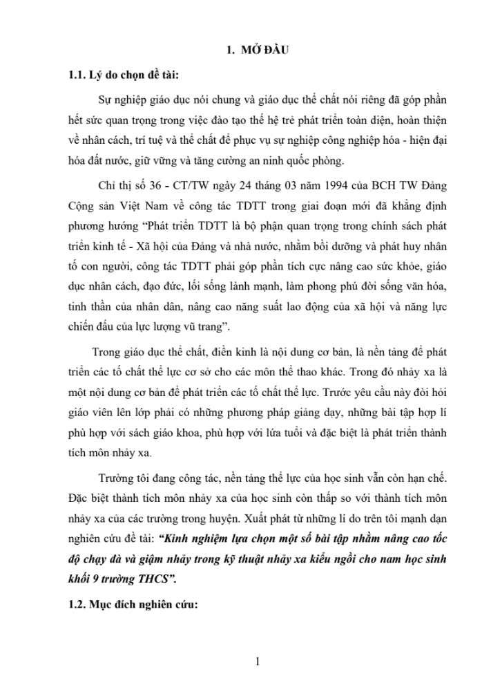 SKKN Kinh nghiệm lựa chọn một số bài tập nhằm nâng cao tốc độ chạy đà và giậm nhảy trong kỹ thuật nhảy xa kiểu ngồi cho nam học sinh khối 9