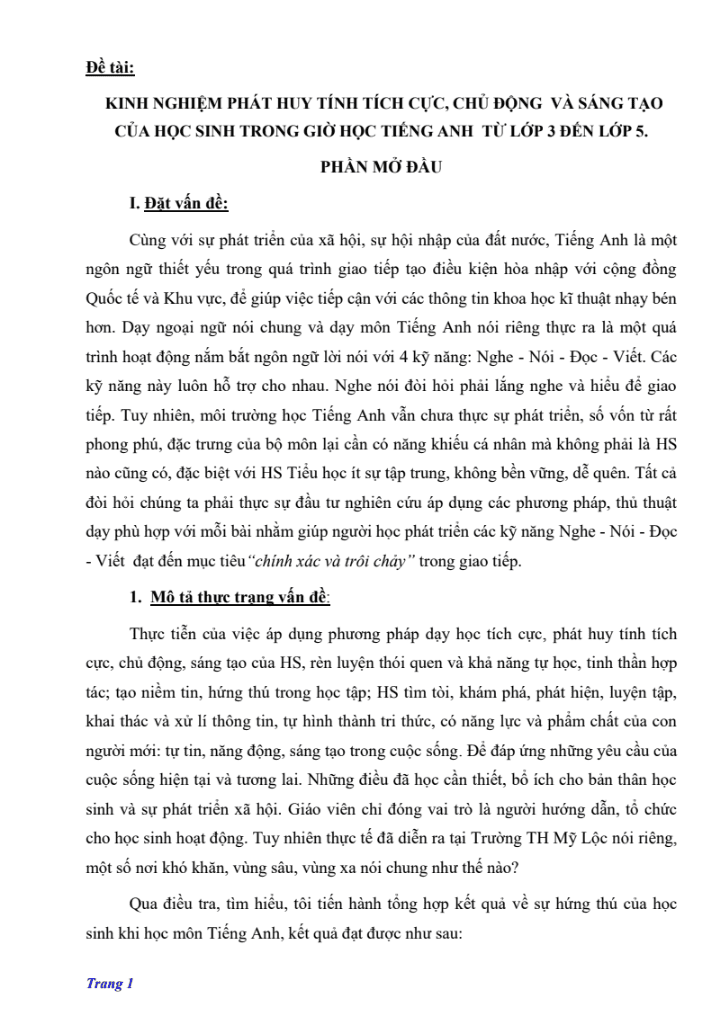 SKKN Kinh nghiệm phát huy tính tích cực, chủ động và sáng tạo của học sinh trong giờ học Tiếng Anh từ lớp 3 đến lớp 5