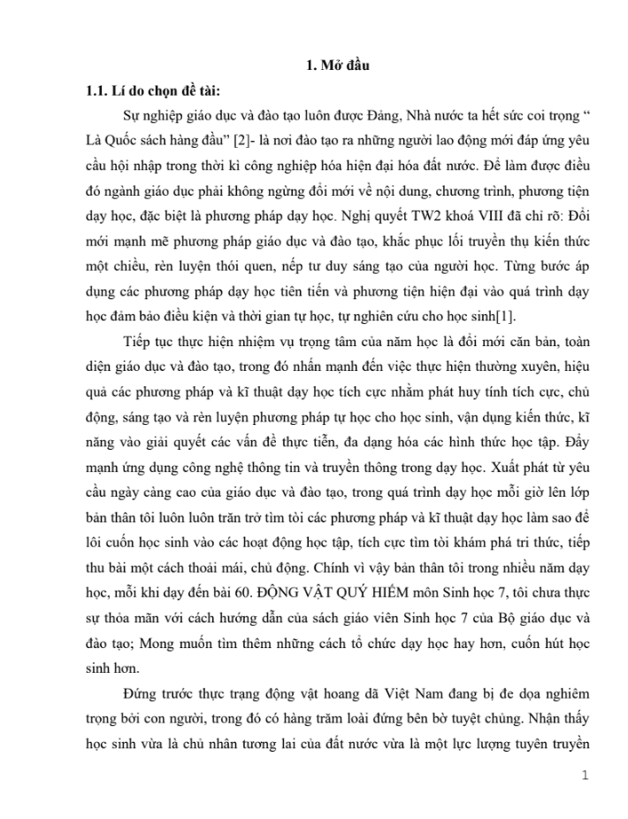 SKKN Kinh nghiệm sử dụng phương pháp và kĩ thuật dạy học tích cực trong tiết 63: Động vật quý hiếm – Sinh học 7