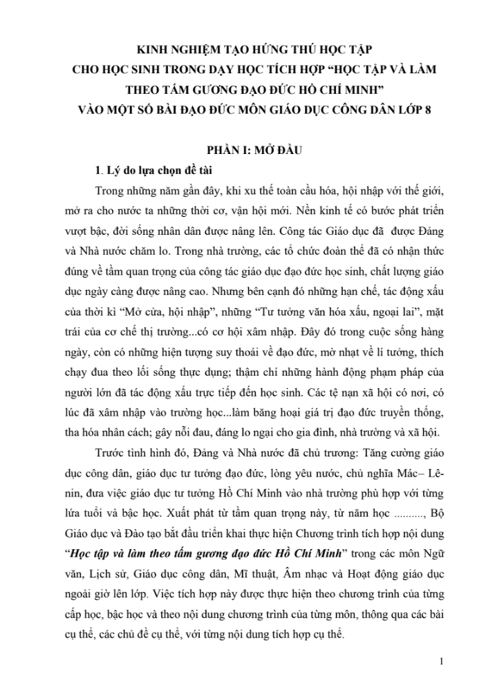 SKKN Kinh nghiệm tạo hứng thú học tập cho học sinh trong dạy học tích hợp “học tập và làm theo tấm gương đạo đức hồ chí minh” vào một số bài đạo đức môn Giáo dục công dân lớp 8